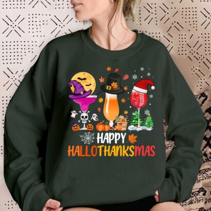 Happy Hallothanksmas Wine Shirt Sweatshirt, Halloween Wine Glases Shirt