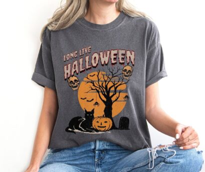 Comfort Colors Halloween Black Cat Pumpkin Shirt, Halloween Cat Shirt