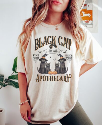 Black Cat Apothecary Tshirt, Vintage Halloween Black Cat Shiry