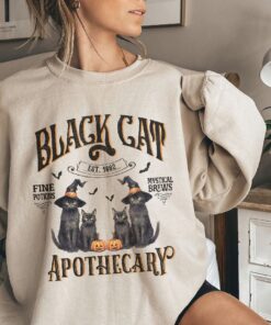 Black Cat Apothecary Sweater, Vintage Halloween Black Cat Crewneck