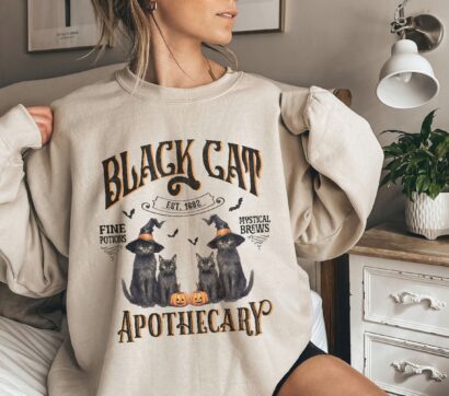 Black Cat Apothecary Sweater, Vintage Halloween Black Cat Crewneck