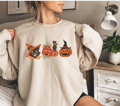 Halloween Black Cat Shirt, Spooky Season, Cat Lover Halloween Crewneck