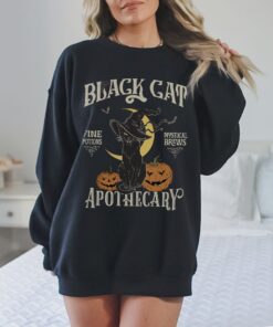 Vintage Halloween Black Cat Sweater, Retro Halloween Cat Shirt