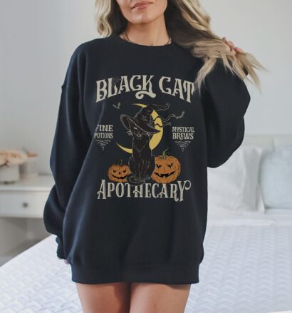 Vintage Halloween Black Cat Sweater, Retro Halloween Cat Shirt