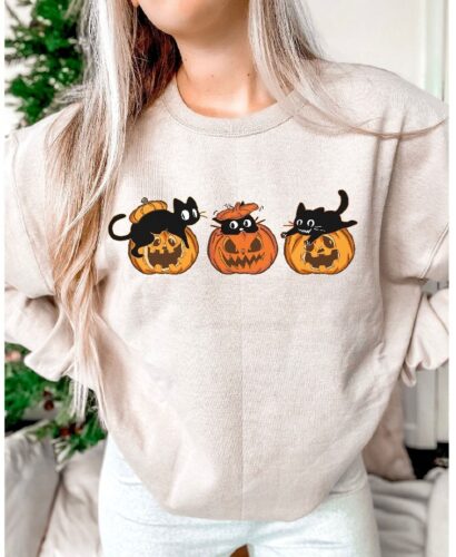 Vintage Halloween Doodles Sweater, Halloween Cat Shirt