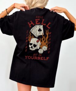 Raise Hell Bet On Yourself Graphic Tee T-Shirt for Women, trendy cute retro vintage inspired grunge goth punk metal rock oversized skull