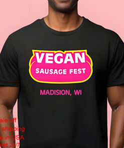 Marina Bolotnikova wearing vegan sausage fest madison shirt