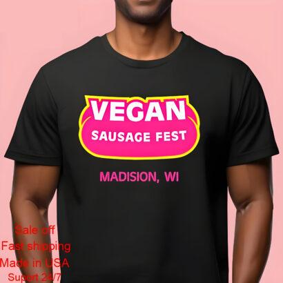 Marina Bolotnikova wearing vegan sausage fest madison shirt