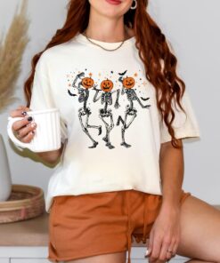 Dancing Skeleton Pumpkin Shirt, Retro Halloween Women's Shirt, Funny Fall Halloween Party Shirt, Spooky Season Skeleton Tee