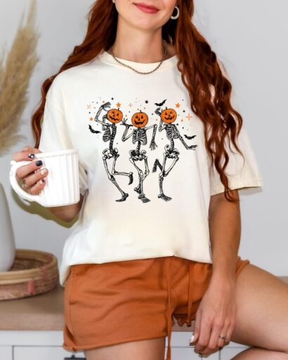 Dancing Skeleton Pumpkin Shirt, Retro Halloween Women's Shirt, Funny Fall Halloween Party Shirt, Spooky Season Skeleton Tee