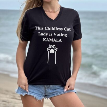 Kamala Shirt, V-Neck Shirt, Kamala Harris Shirt, This Childless Cat Lady is Voting Kamala Unisex Short Sleeve V-Neck Tee