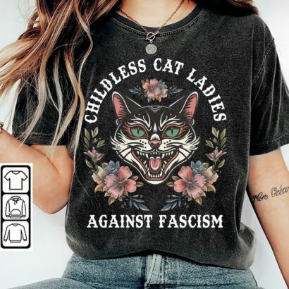 Amare Box Childless Cat Ladies Shirt, Girls Female Against Fascism Retro, Feminist Graphic Tee Unisex Shirt