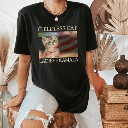 American Flag Cat Lady Kamala Shirt, Childless Cat Ladies Kamala Shirt, Harris 2024 President Shirt