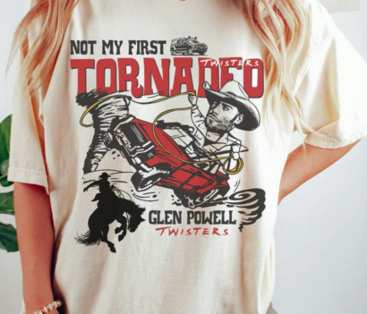 How to get Glen Powell's 'Not My First Tornadeo' Twisters t-shirt