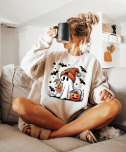 Cute Ghost Halloween Sweatshirt, Gift For Halloween, Pumpkin spice latte Tee with bats, Fall coffee shirt, Spooky Season