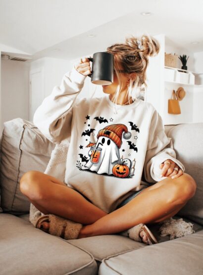 Cute Ghost Halloween Sweatshirt, Gift For Halloween, Pumpkin spice latte Tee with bats, Fall coffee shirt, Spooky Season