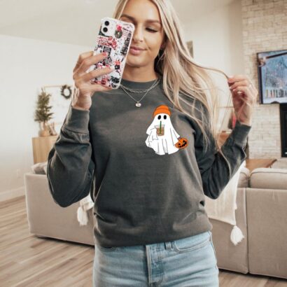 Cute Ghost Shirt, Halloween Party Shirt, Halloween Gift, Fall Coffee Lover Hoodie, Womens Ghost Tee