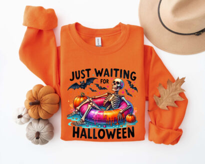 Just Waiting For Halloween, Funny Halloween Sweatshirt, Halloween Skull Sweatshirt, Halloween Summer Shirt, Halloween Skeleton Sweatshirt