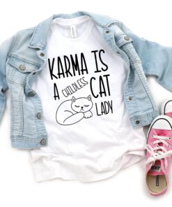 Karma is a Childless Cat Lady Kamala Harris Kids Crewneck Tee Shirt or Baby Onesie, Madam President Harris 2024 Vote Madam Cat Lady T-Shirt