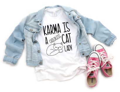 Karma is a Childless Cat Lady Kamala Harris Kids Crewneck Tee Shirt or Baby Onesie, Madam President Harris 2024 Vote Madam Cat Lady T-Shirt