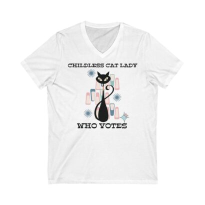 Childless Cat Lady Who Votes V-Neck T-Shirt, Retro Atomic Kitschy Cat Tee