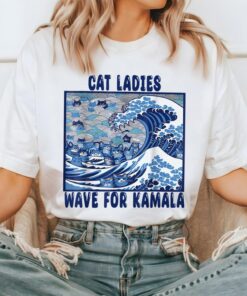 Blue Wave Cat for Kamala T-Shirt, Ukiyo-e Inspired Japanese Artistic Cat Lover Tee, Trendy Cat Wave Design