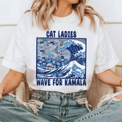 Blue Wave Cat for Kamala T-Shirt, Ukiyo-e Inspired Japanese Artistic Cat Lover Tee, Trendy Cat Wave Design