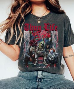 Thug Life Unique Horror Movie Characters Graphic T-Shirt, Vintage Style Horror Movie Trio Tee, Halloween Scary Movie Fans Gift Shirt