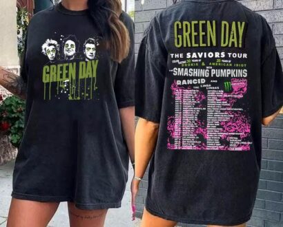 Green Day The Saviors Smashing Pumpkins 2024 Tour Concert 2 Side T-Shirt Black, Green Day The Saviors Concert T-Shirt