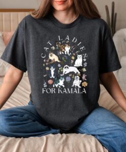 Floral Cat Ladies For Kamala 2024 T-shirt, Childless Cat Lady Madam President Shirt, Harris 47 Tee, Presidential Election 2024 Sweatshirt