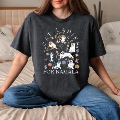 Floral Cat Ladies For Kamala 2024 T-shirt, Childless Cat Lady Madam President Shirt, Harris 47 Tee, Presidential Election 2024 Sweatshirt