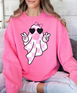 Cute Girly Ghost Blowing Bubble Sweatshirt, Pink Halloween Sweatshirt, Ghost Sweatshirt, Halloween Sweatshirt, Cute Ghost Fall Shirt, Bows