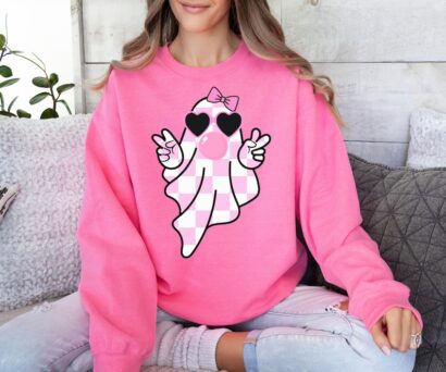 Cute Girly Ghost Blowing Bubble Sweatshirt, Pink Halloween Sweatshirt, Ghost Sweatshirt, Halloween Sweatshirt, Cute Ghost Fall Shirt, Bows