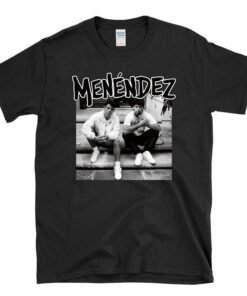 MENENDEZ - out of step porch punk hardcore throwback true crime brothers Lyle Erik music 80s album cover parody - T-Shirt