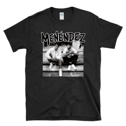 MENENDEZ - out of step porch punk hardcore throwback true crime brothers Lyle Erik music 80s album cover parody - T-Shirt