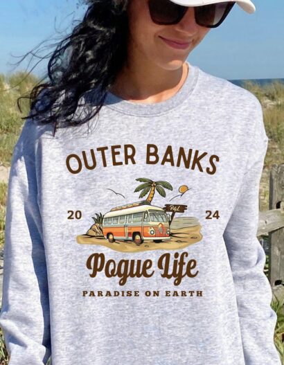 Outeer Baanks Poguee Life 2024, Printed Design Crewneck Sweatshirt, Beachy Oversized, North Carolina Outeer Ba.nks