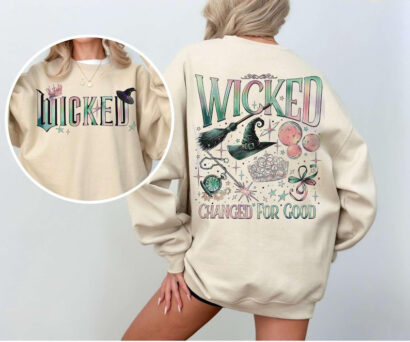 Wicked Movie 2-Sided Sweatshirt, Wizard of Oz Fan Apparel, Pink and Green Witch Shirt, Pop Culture Graphic Wicked Musical Tee