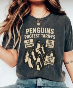 Penguins Protest Tariffs Shirt, Funny Tariffs Shirt, Funny Penguin Graphic Tee, Political Satire T-shirt