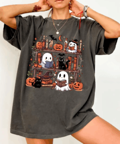 Ghost Reading Shirt, Halloween Library Tee, Spooky Cute Ghost Cat Book Lover T-Shirt ,Fall Gothic Shirt, Halloween Gift Top