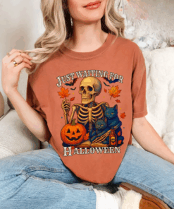 Just Waiting for Halloween Shirt, Halloween Tee, Funny Halloween T-Shirt, Skeleton Dancing Top, Spooky Summer, Spooky Season