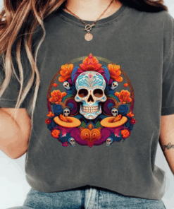 Colorful Sugar Skull T-Shirt for Women, Day of the Dead Tee, Dia de los Muertos Top, Boho Floral Skull, Halloween Shirt