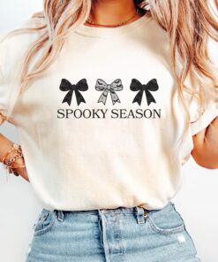 Halloween Coquette Bow T-Shirt, Spooky Season Bow Tee, Cute Minimalist Fall Top, Spiderweb Shirt Girly Spooky