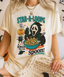 Stab-A-Loops Horror Cereal Box Halloween T-Shirt, Spooky Cereal Box Shirt, Killer Breakfast Halloween Tee, Slashers Crunch Graphic Top
