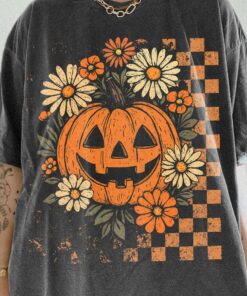 Retro Floral Pumpkin T-Shirt, Funny Pumpkin Halloween Shirt, Preppy Halloween Tee, Halloween Pumpkin Top, Spooky Season