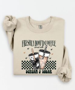 Halloween Freshly Boo'd Coffee Sweater, Served with Scream and Sugar Sweatshirt, Gift for Halloween Lovers, Halloween Coffee Top