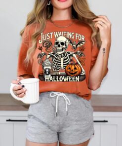 Just Waiting for Halloween Shirt, Funny Skeleton Pumpkin T-Shirt, Spooky Fall Graphic Tee, Retro Halloween Womens Top