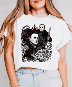 Vintage Horror Character Halloween Rose Tshirt, Floral Halloween Sweatshirt, Slasher Top, Horror Killer Tee, Spooky Season Shirt