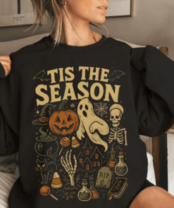 Retro Halloween Sweatshirt, Tis' the Season, Vintage Halloween Aesthetic, Women's Halloween Shirt, Pumpkin Ghost Oversized Sweater