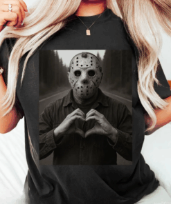 Funny Jason Voorhees, Horror Character Selfie Halloween Meme Tee, Jason Voorhees Heart Hands Shirt, Retro Horror Character Top