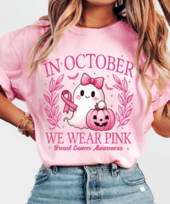 In October We Wear Pink Sweatshirt, Retro Breast Cancer Awareness T-Shirt, Halloween Pink Ghost Shirt